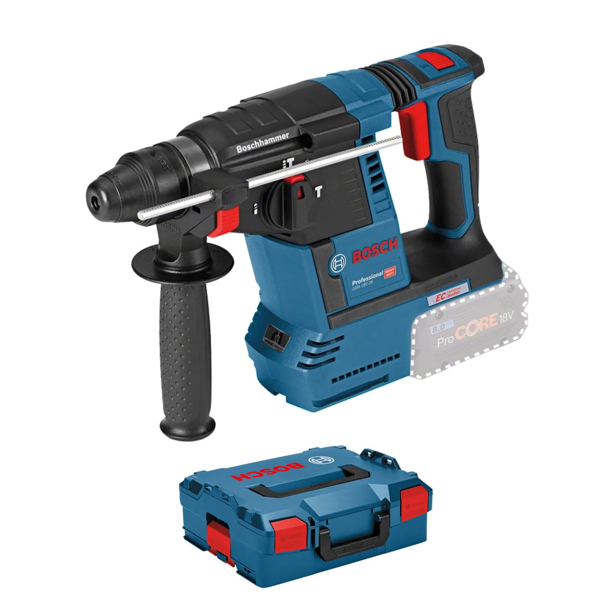 Bosch PRO 18V System Akku Bohrhammer GBH 18V-26 (SDS Plus, Bohr-Ø max: Beton/Stahl/Holz 26/13/30mm, inkl. Zusatzhandgriff, Tiefenanschlag 210mm, Maschinentuch, L-BOXX, ohne Akku/Ladegerät)