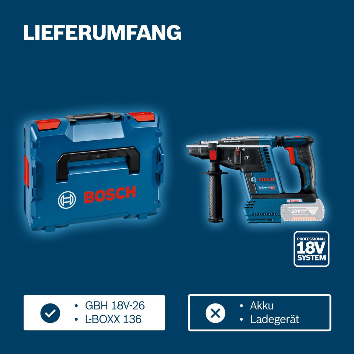 Bosch PRO 18V System Akku Bohrhammer GBH 18V-26 (SDS Plus, Bohr-Ø max: Beton/Stahl/Holz 26/13/30mm, inkl. Zusatzhandgriff, Tiefenanschlag 210mm, Maschinentuch, L-BOXX, ohne Akku/Ladegerät)