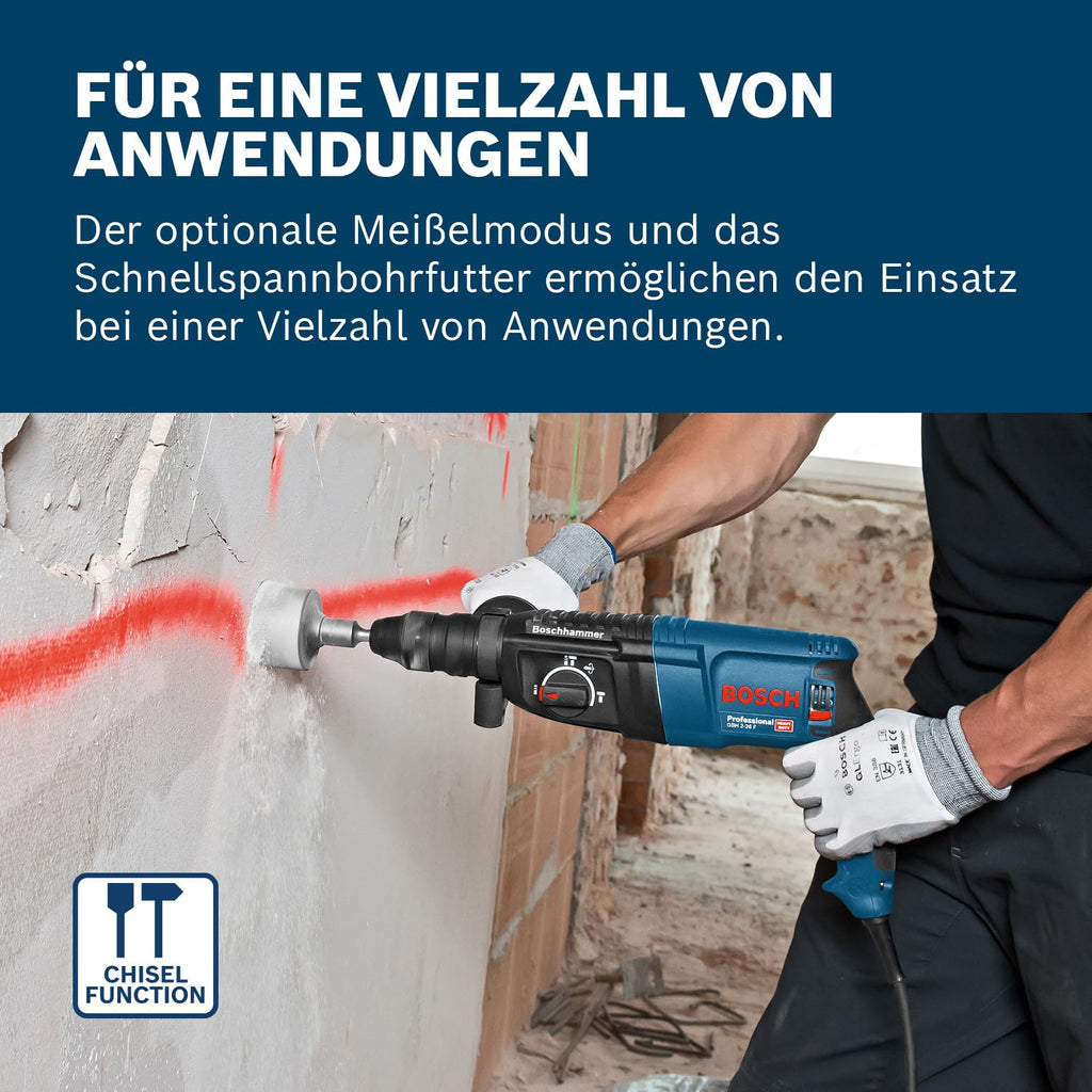 Bosch PRO Bohrhammer GBH 2-26 F (Leistung 830 Watt, Wechselfutter SDS-plus, inkl. Zusatzhandgriff, Tiefenanschlag, Maschinentuch, Schnellwechselbohrfutter, Handwerkoffer)