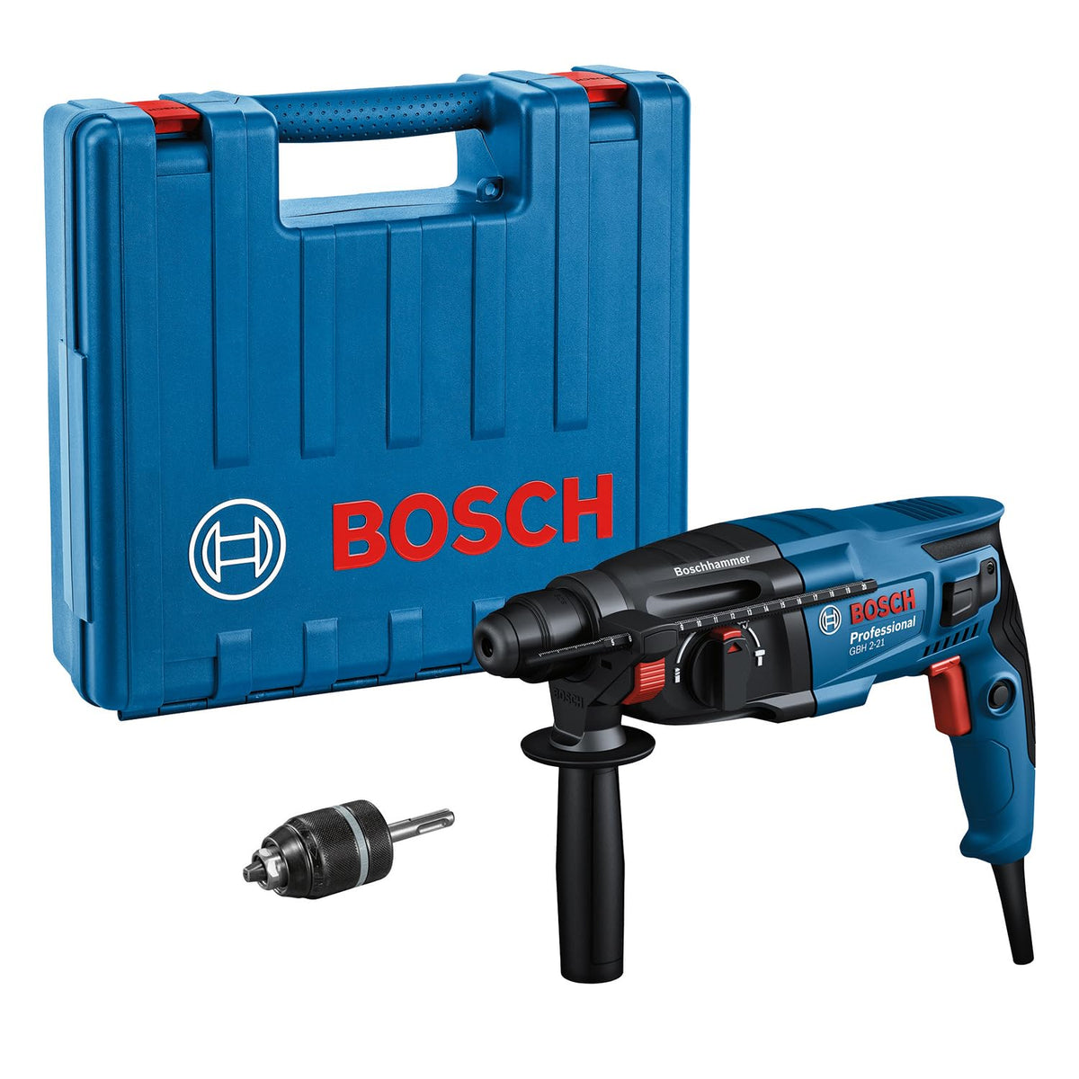 Bosch PRO Bohrhammer GBH 2-21 (mit SDS plus, inkl. Schnellspannbohrfutter mit SDS plus-Adapter, Zusatzhandgriff, Maschinentuch, Tiefenanschlag, Handwerkoffer)