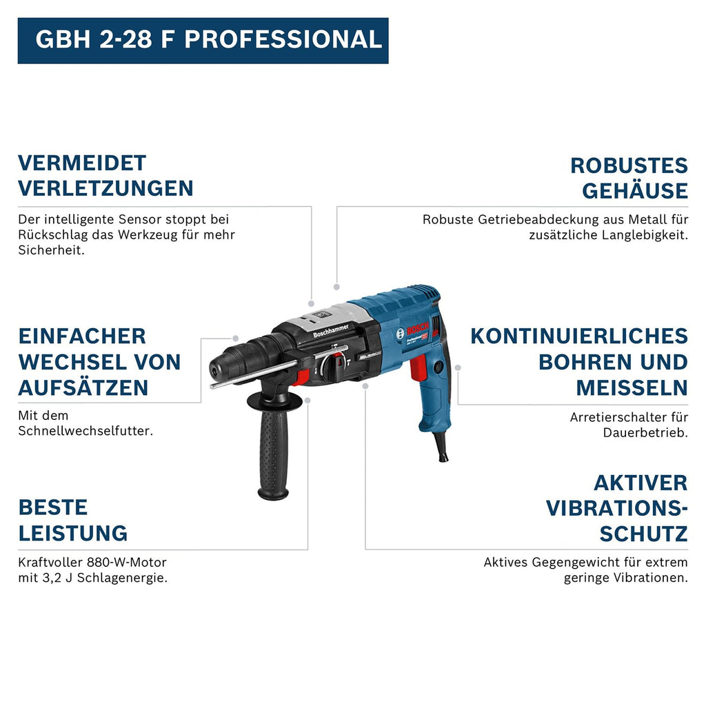 Bosch PRO Bohrhammer GBH 2-28 F (inkl. Zusatzhandgriff, Tiefenanschlag 210mm, Maschinentuch, Schnellwechselbohrfutter, Wechselfutter SDS-plus, Handwerkoffer)
