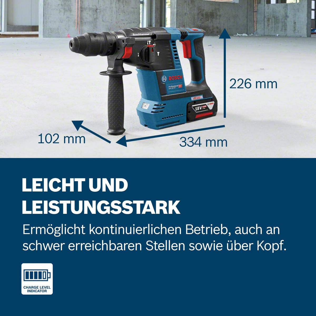 Bosch PRO 18V System Akku Bohrhammer GBH 18V-26 (SDS Plus, Bohr-Ø max: Beton/Stahl/Holz 26/13/30mm, inkl. Zusatzhandgriff, Tiefenanschlag 210mm, Maschinentuch, L-BOXX, ohne Akku/Ladegerät)