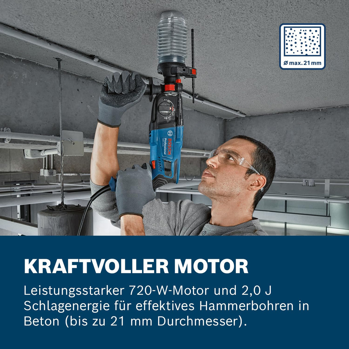Bosch PRO Bohrhammer GBH 2-21 (mit SDS plus, inkl. Schnellspannbohrfutter mit SDS plus-Adapter, Zusatzhandgriff, Maschinentuch, Tiefenanschlag, Handwerkoffer)