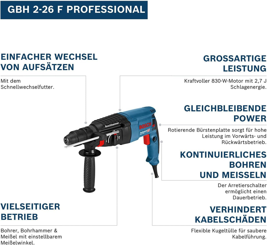 Bosch PRO Bohrhammer GBH 2-26 F (Leistung 830 Watt, Wechselfutter SDS-plus, inkl. Zusatzhandgriff, Tiefenanschlag, Maschinentuch, Schnellwechselbohrfutter, Handwerkoffer)